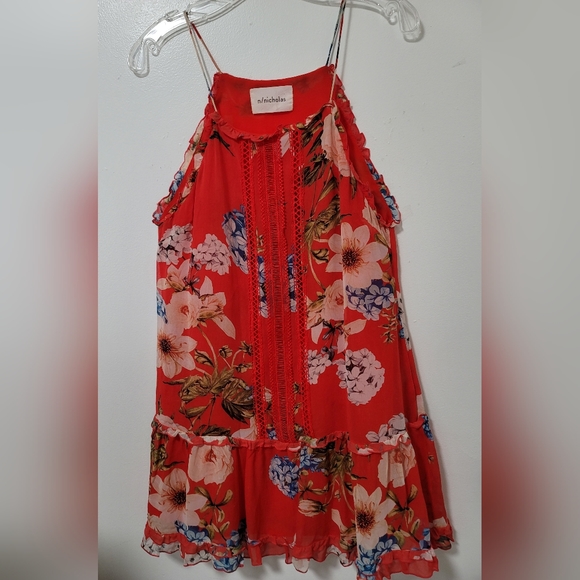 NICHOLAS X Revolve Red Floral Crochet Trimmed Silk Halter Mini Shift Dress Sz6 - Picture 4 of 16